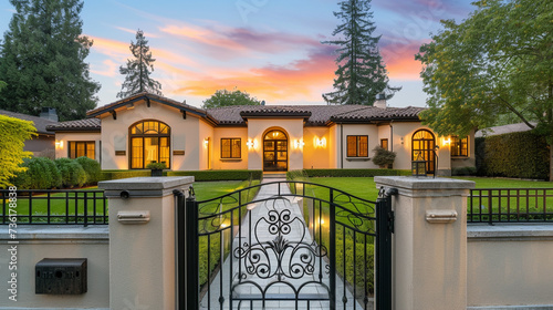 An avant-garde house with a bright beige exterior, showcasing a basic backyard and a stylish wrought iron gate, under the tranquil glow of early evening