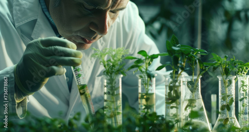 scientist in lab with tissue tubes holding plants