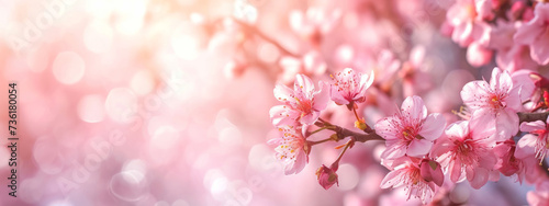 Spring banner with lovely pink cherry flowers bloom
