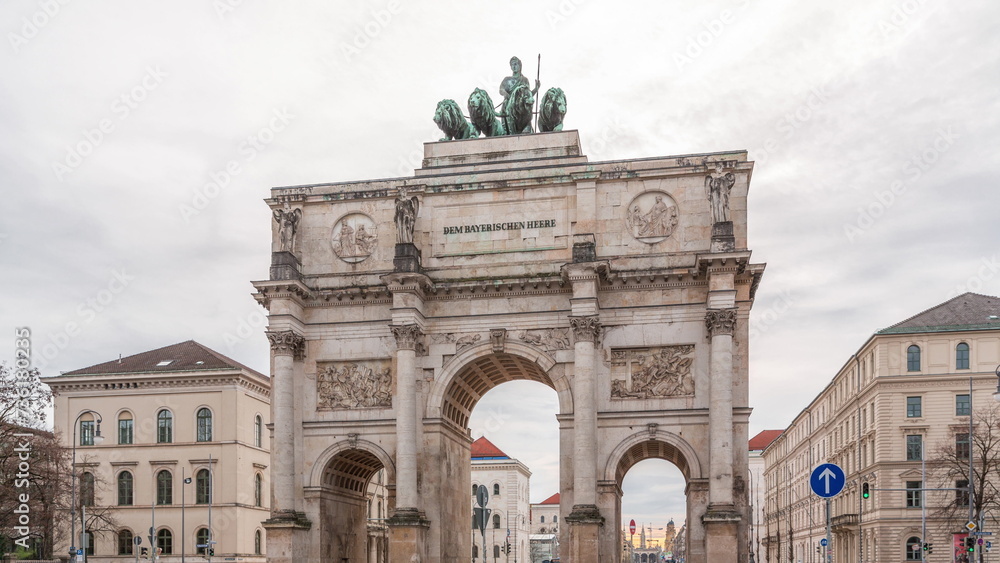 The Siegestor or Victory Gate in Munich is a memorial arch, crowned with a statue of Bavaria with a lion quadriga timelapse. Germany