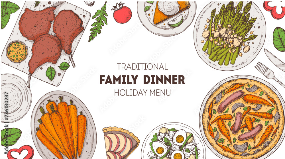 Fototapeta premium Easter food hand drawn. Vector illustration. Festive table with Easter food. Hand drawing illustration. Menu set.