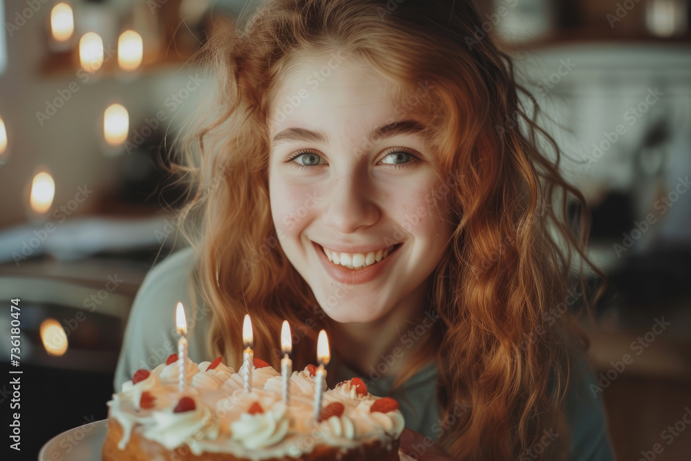 Girl smiling with delicious anniversary cake with candles