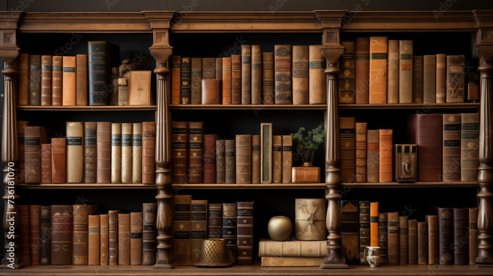 Antique books on wooden shelves. Library books on shelve Antique books on wooden shelves. Library books on shelve