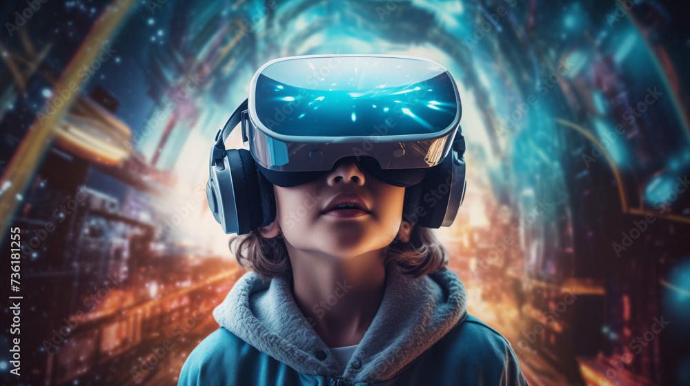 Kid with VR glasses in metaverse. Kid with virtual reality glasses Kid with VR glasses in metaverse. Kid with virtual reality glasses