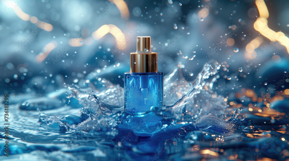 Serum or cosmetics with a simple, elegant design White and blue tones There are blue sea waves and the sky is clear It is a backdrop for product presentations. - obrazy, fototapety, plakaty 