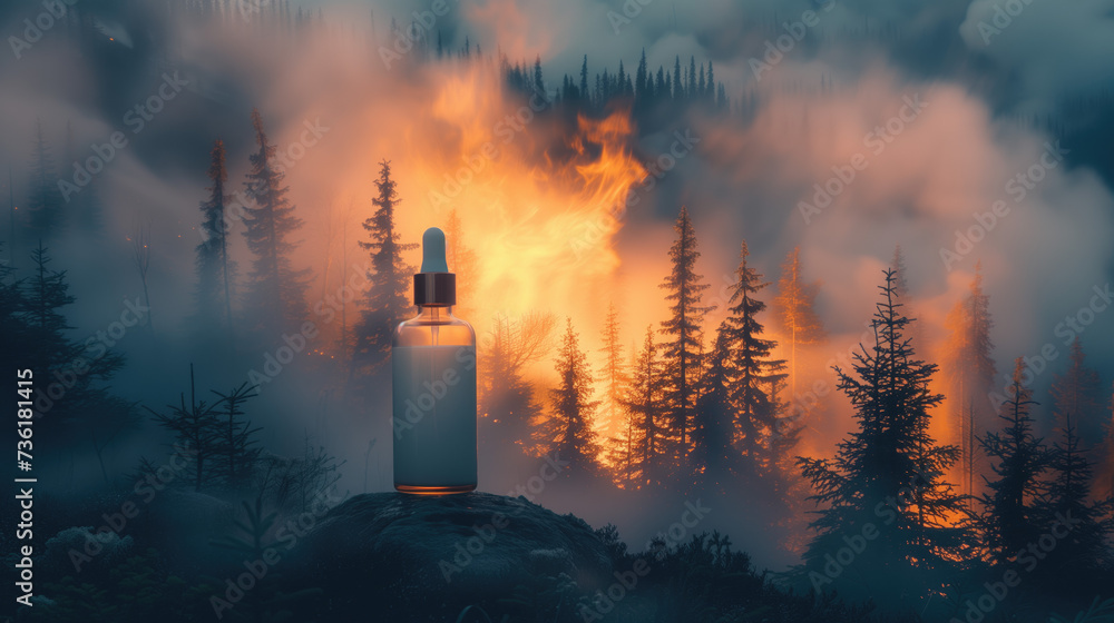 Serum or cosmetics with a simple, elegant design, with a forest fire as the backdrop for product presentation.