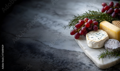 Artisan Cheese and Grape Platter on Marble Background
