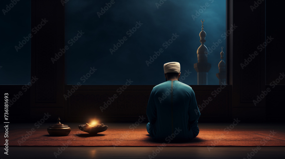 Islamic man praying with mosque on background. Ramadan pray man from back view Islamic man praying with mosque on background. Ramadan pray man from back view
