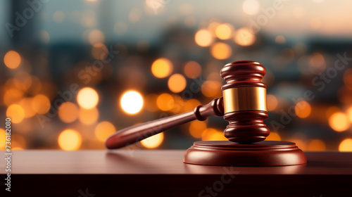 Wooden gavel on table with bokeh background. Court gavel with blur background