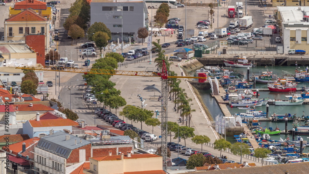 Aerial view of marina and city center timelapse in Setubal, Portugal.