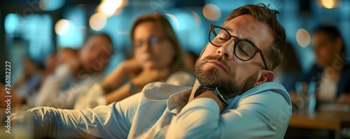 People at a meeting doze off during a snoozeinducing presentation at work. Concept Boredom at Work, Snooze-inducing Presentations, Office Meetings, Sleepy Employees, Lack of Engagement photo