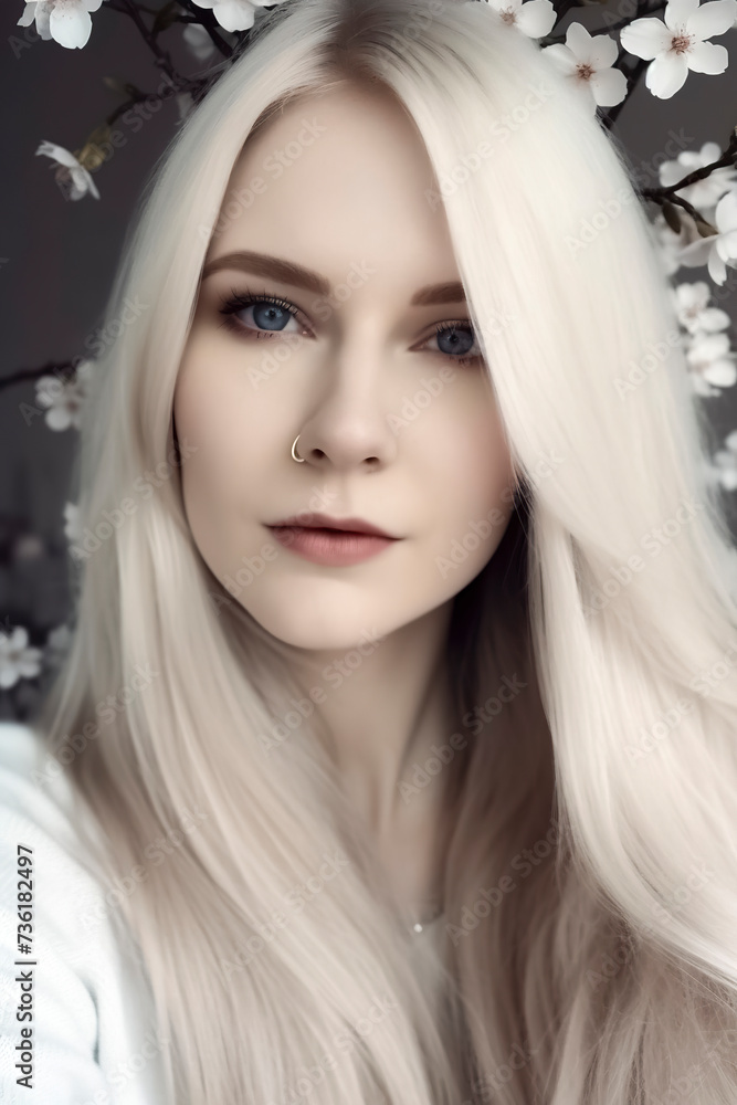 pretty woman with long, white hair standing in front of a tree with white blossoms, ai generative pretty woman with long, white hair standing in front of a tree with white blossoms, ai generative