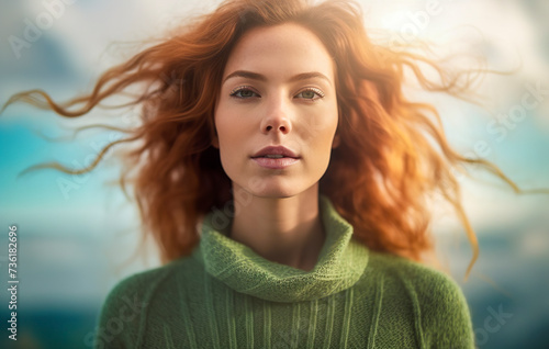 pretty woman with red hair and a green sweater, against a blurred natural backdrop, ai generative