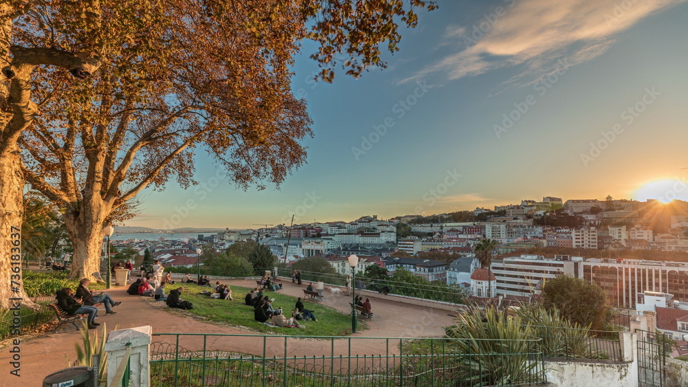Obraz na plátně Panorama showing Jardim do Torel timelapse with views to the city center of Lisbon during sunset