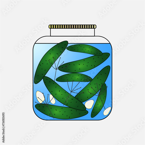 a can of canned cucumbers with cloves of garlic and dill. vector graphics