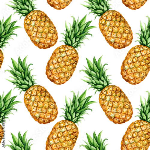 watercolor seamless pattern with ripe pineapple, sketch of tropical fruit, hand drawn illustration, food illustration isolated on white background