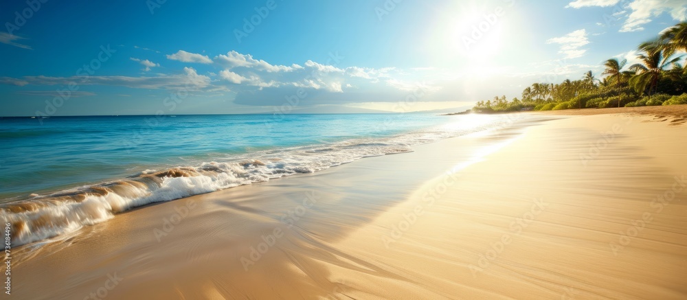 Tropical paradise sandy beach with crystal clear blue waves and lush palm trees