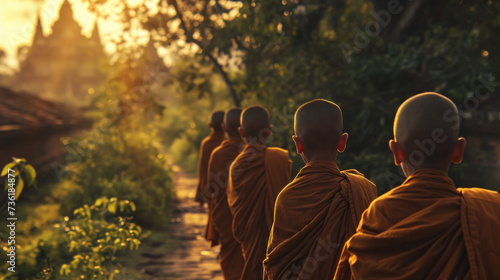 Buddha monks are walking in a neat row with full of yellow and orange. photo