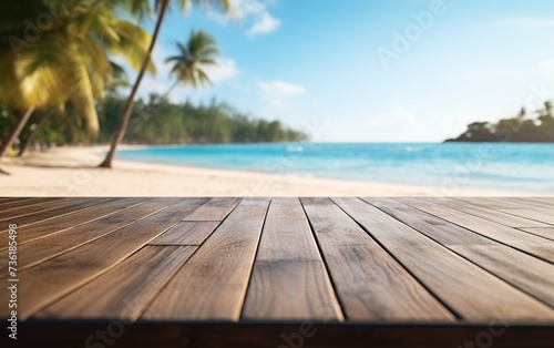 Empty wooden table light brown wood texture Blurred background  sea view and beach