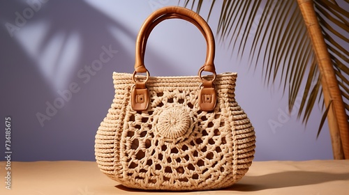 A boho-chic macramÃ© handbag for women, intricate craftsmanship, and a handwoven macramÃ© design, mockup, displayed on a matte clay background