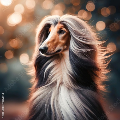 Portrait of a half-body Afghan hound standing straight facing slightly to the right, against a background full of lights and morning sunlight photo