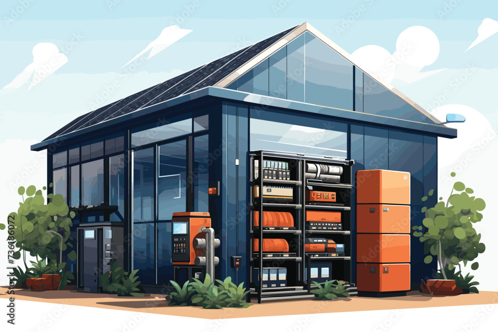 The warehouse building is blue. The loader carries the goods to the warehouse. Logistics and delivery. Flat vector illustration.