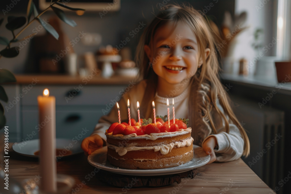 A little Girl smiling with delicious anniversary cake with candles
