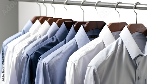 Close Up of Men's dress shirts, Clothes on hangers on white background