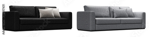 Modern and luxury gray and black sofa set with pillows isolated on white background. Furniture Collection.