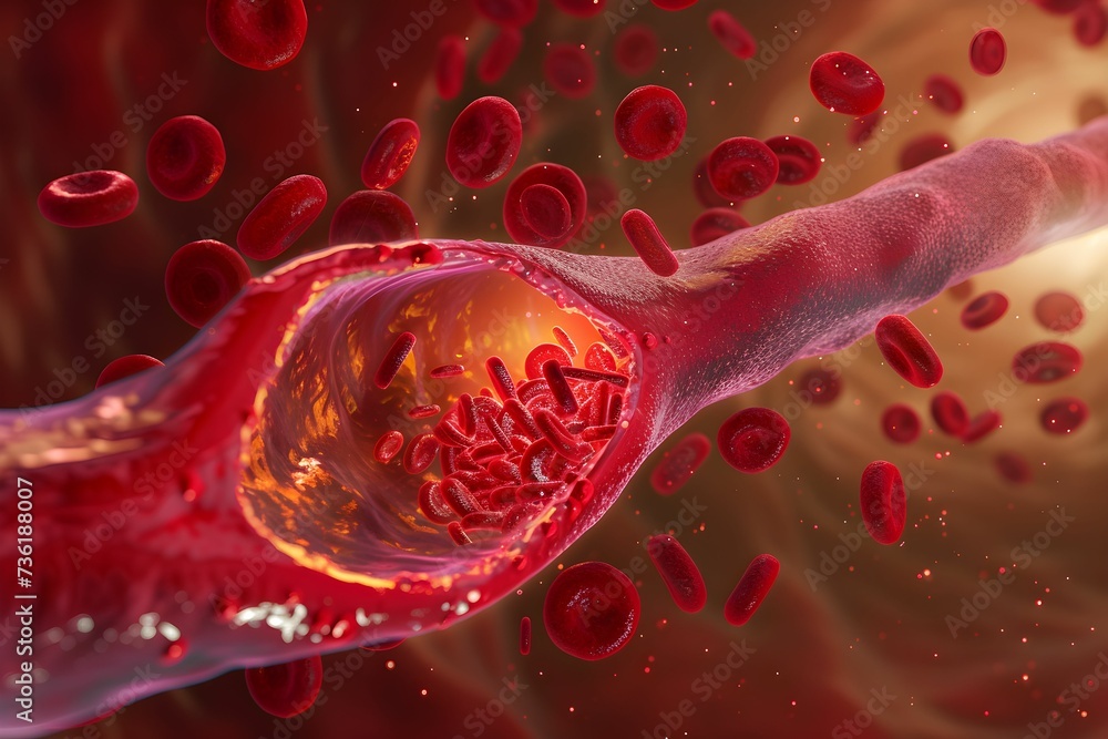 Fototapeta premium A high-definition 3D rendering of red blood cells traveling through a vein, depicting the dynamics of human blood circulation.