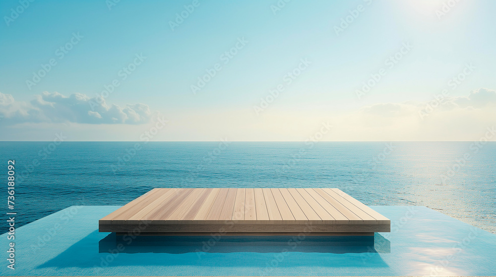 Ocean paradise with Wood Wooden Product Advertising Mockup Background Isolated Empty Blank Podium Pedestral Table Stand Mockup Presentation Podest
