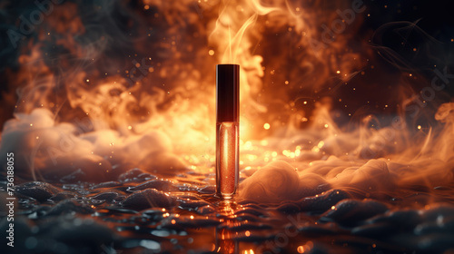 Serum or cosmetics with a simple, elegant design, black and gold tones, with cyclones, hurricanes, and hail as the backdrop for product presentation.