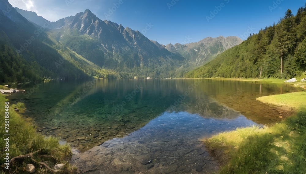 Landscape of mountain lake Morskie Oko near Zakopane, Tatra Mountains, Poland - obrazy, fototapety, plakaty 