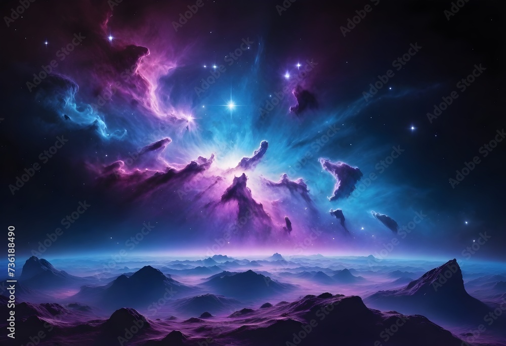 A vibrant cosmic scene with shades of purple and blue nebulae and stars in space