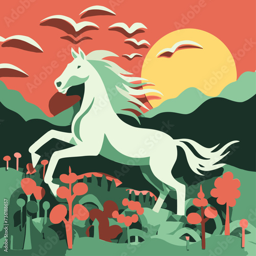  young horse jumping over the green meadow with flowers and sun  colorful collage  dreamlike illustration