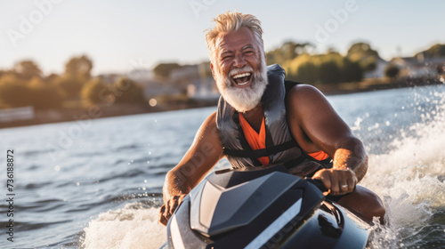Senior bearded Man on Jet Ski, Tropical Ocean, Vacation Concept