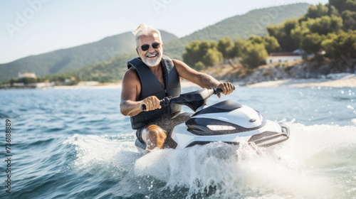 Senior bearded Man on Jet Ski, Tropical Ocean, Vacation Concept © PaulShlykov