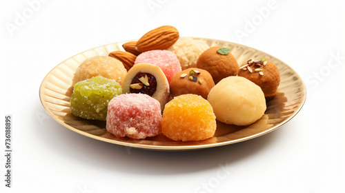 Plate with traditional Indian sweets, laddu, gulab.