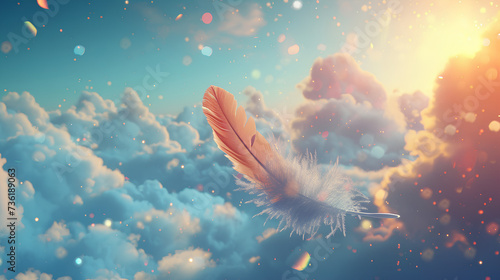 a white feather floating in the air next to a purple and pink sky with clouds and a bright sun Bird Feather On colorful background. Elegant Softness Feather Floating And Drifting On Purity Wavy Liquid photo