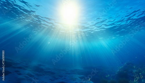 Underwater scene, beautiful blue ocean background with sunlight reflections and seabed