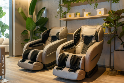 Luxury Massage Chairs in Modern Spa Interior with Lush Greenery photo