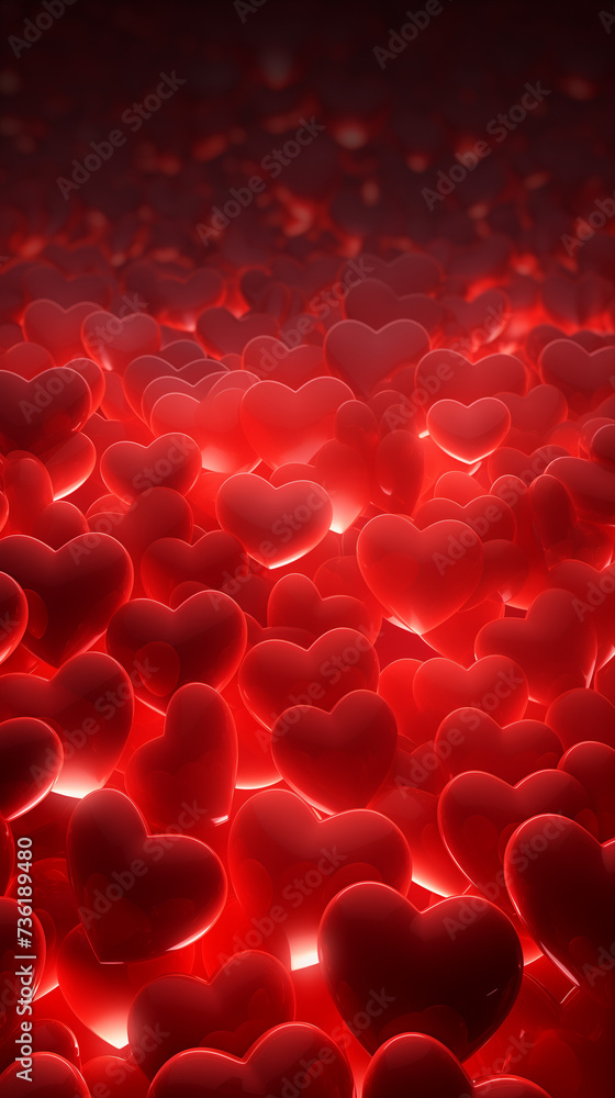 Background with lot of translucent hearts, smooth 3d render, intense red, with the light coming from behind them 