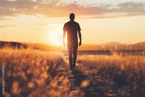 Contemplative Man Walking on a Path Through Golden Fields at Sunset #736189497