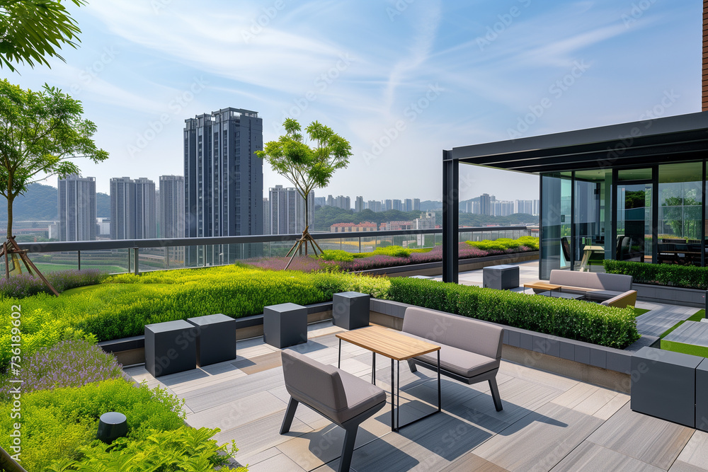 Modern Rooftop Garden Terrace with Lush Landscaping Overlooking Urban Skyline