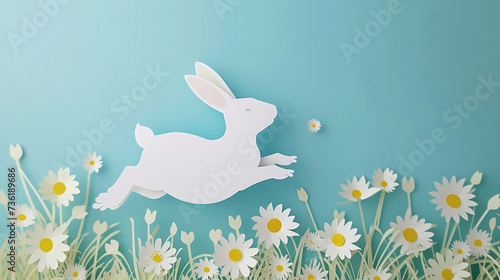 Easter card with white bunny and chamomiles on turquoise background. Cut from paper. Copy space. 