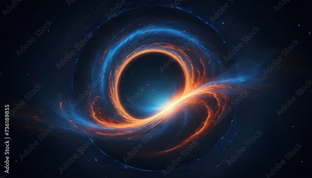 A digital artwork of a vibrant cosmic scene featuring a wormhole with swirling blue and orange nebulae surrounding a bright light at the center against a starry space background