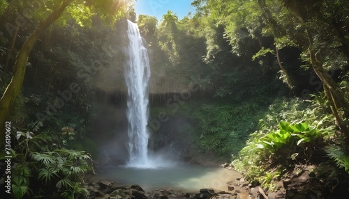 Massive waterfall in the middle of the forest filled with exotic plants during a sunny day, with copy space