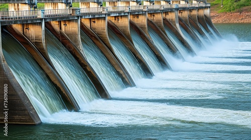 Portrait a large dam with water flowing out. Hydroelectric power plant background.