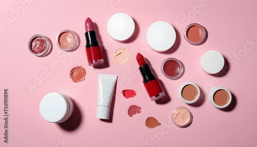 New normal beauty concept. Cosmetic products - lipstick, cream, shadow and face mask