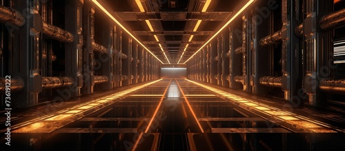 Interior room sci-fi spaceship corridors blue ,3D rendering